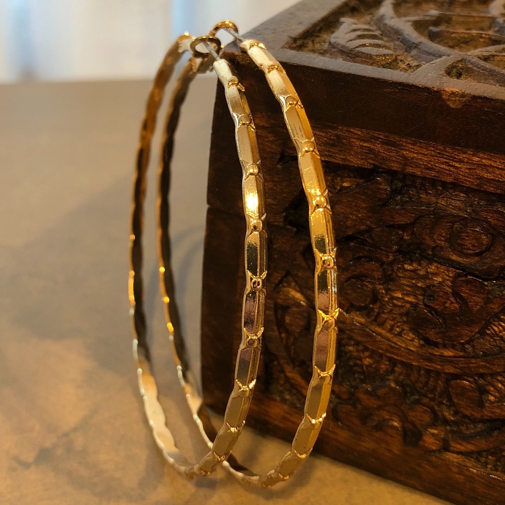 Gold Geometric Textured 3" Large Hoop Earrings